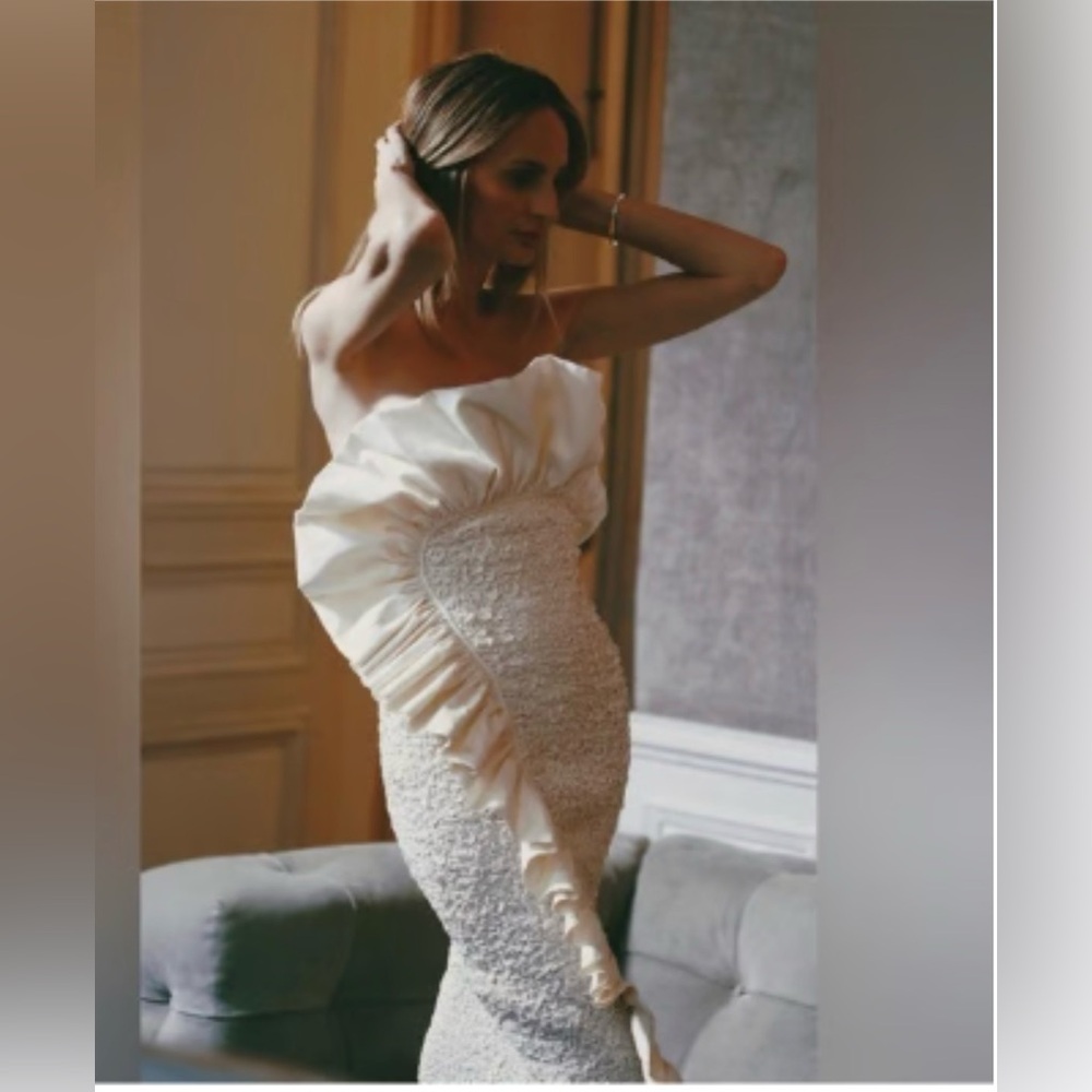 Mara Hoffman Strapless Cream Ruffled Gown